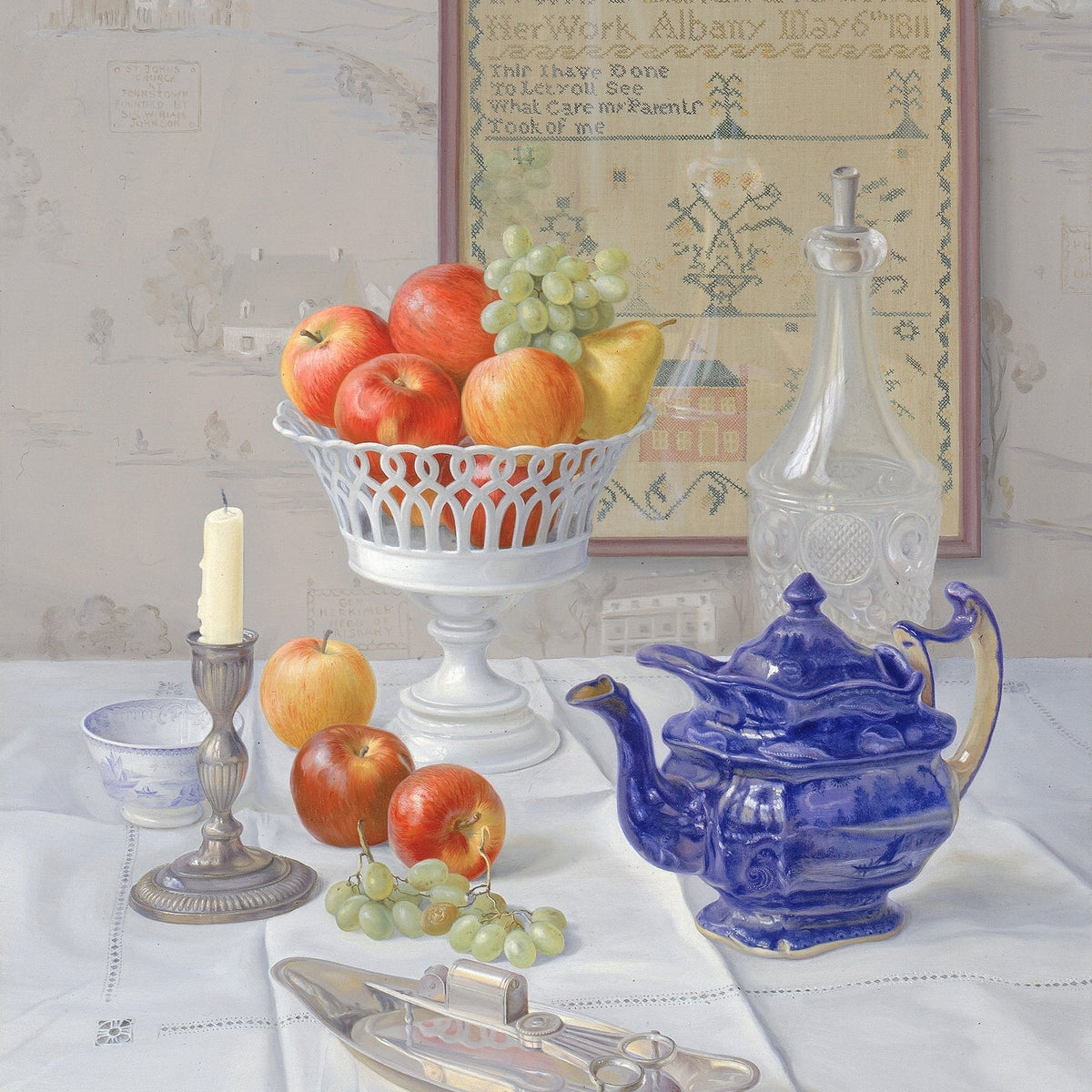 Still Life Oil Painting - Apples and Blue Teapot - Oil Painting Haven