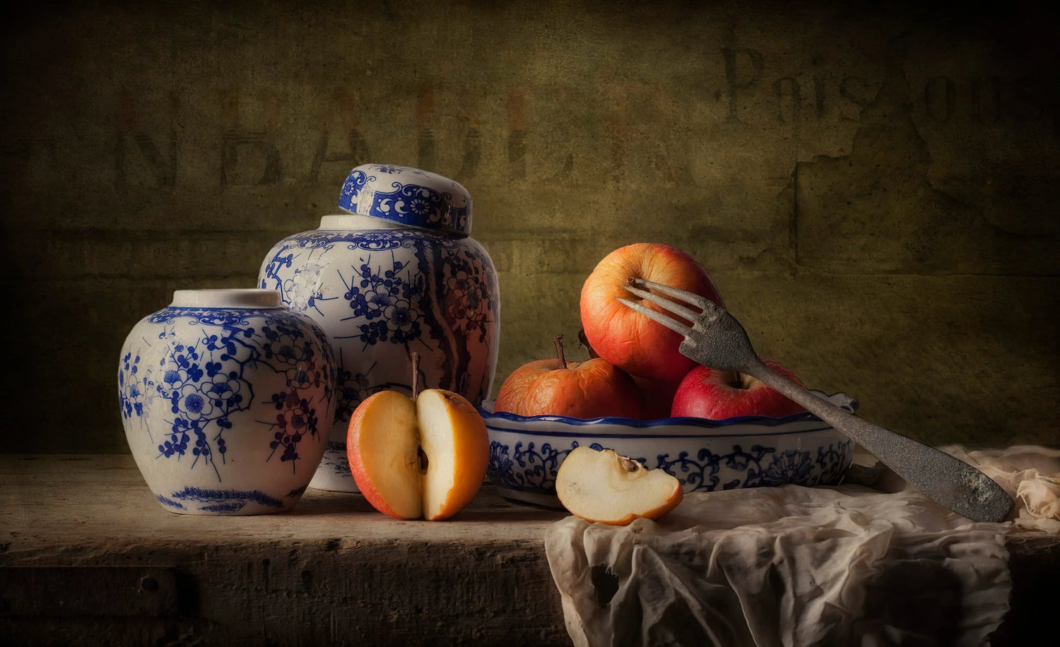 Still Life Oil Painting - Apples and Chinese Porcelain Wall Art - Oil Painting Haven