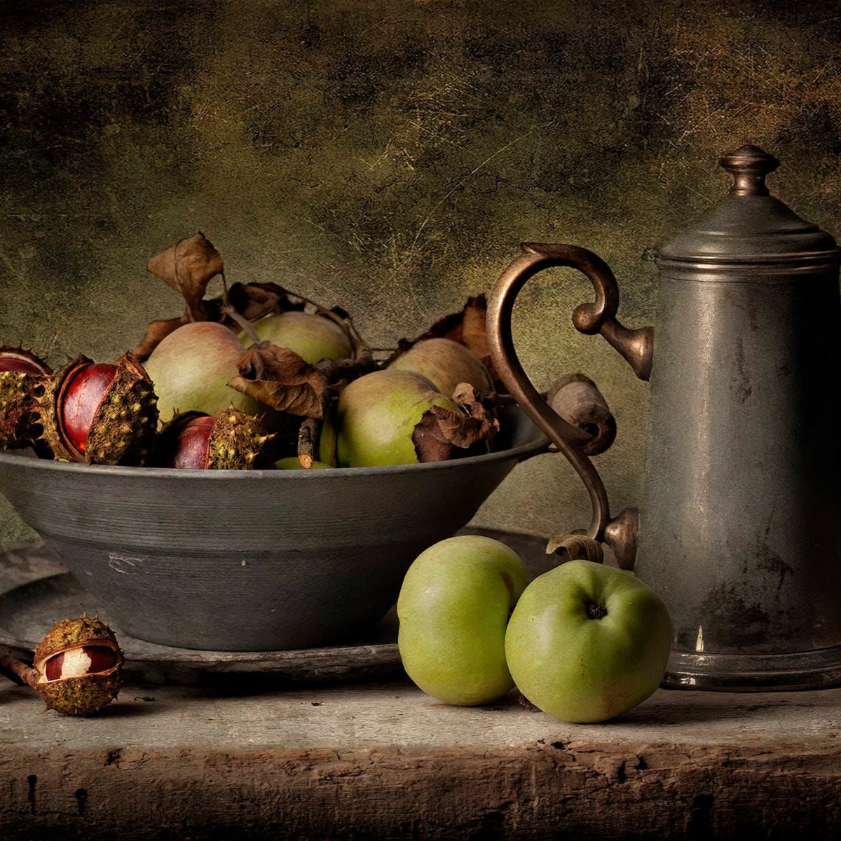 Still Life Oil Painting - Apples, Chestnuts and Vintage Metalware - Oil Painting Haven