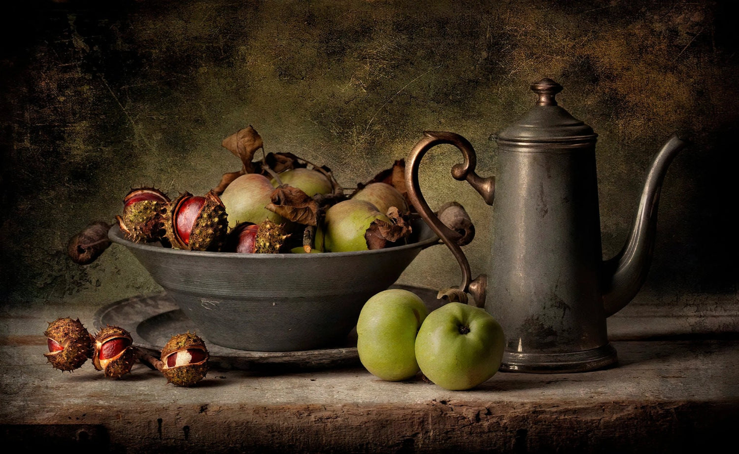 Still Life Oil Painting - Apples, Chestnuts and Vintage Metalware - Oil Painting Haven