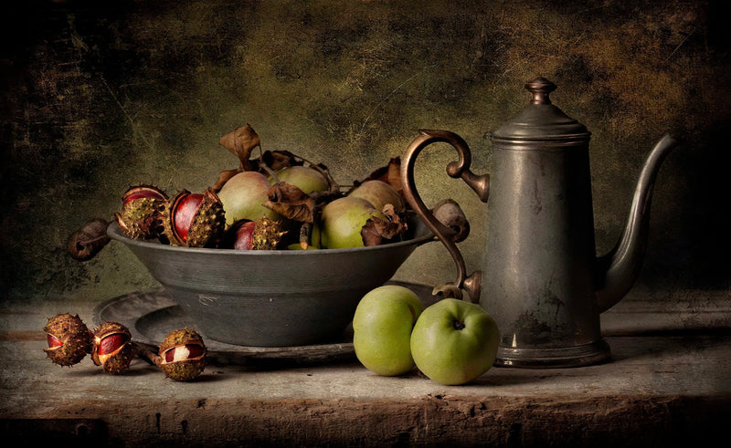Still Life Oil Painting - Apples, Chestnuts and Vintage Metalware - Oil Painting Haven