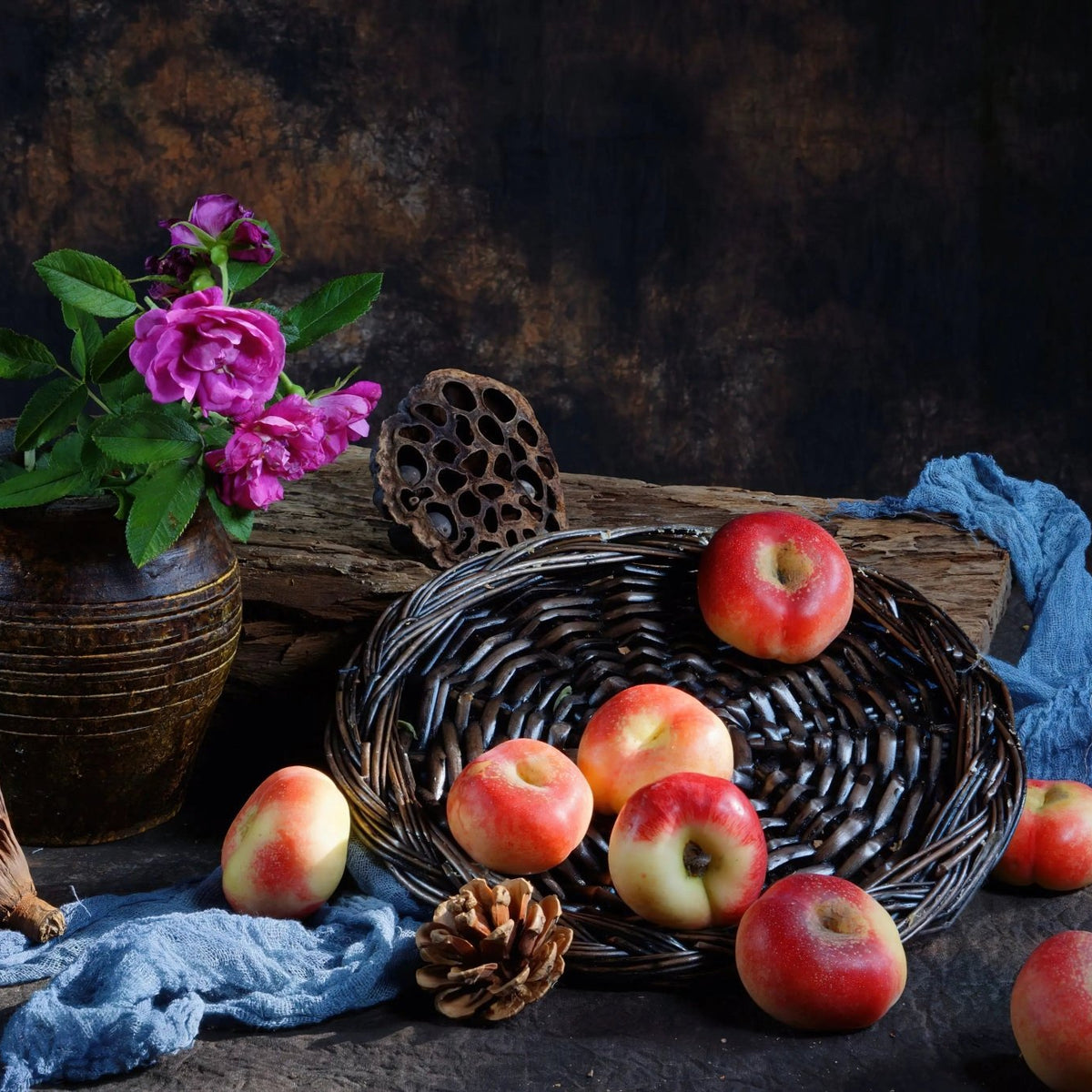 Still Life Oil Painting - Apples, Flowers and Woven Basket - Oil Painting Haven