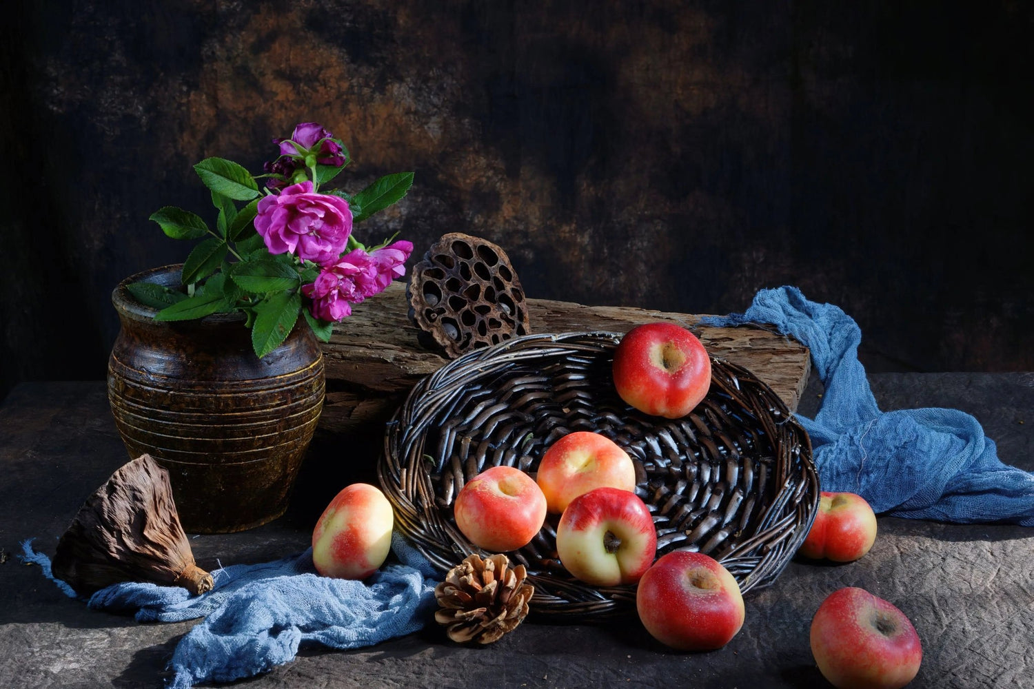 Still Life Oil Painting - Apples, Flowers and Woven Basket - Oil Painting Haven