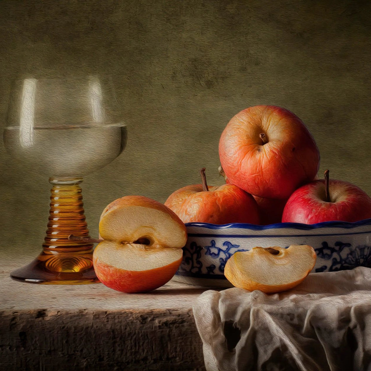 Still Life Oil Painting - Apples, Glass and Porcelain Bowl - Oil Painting Haven