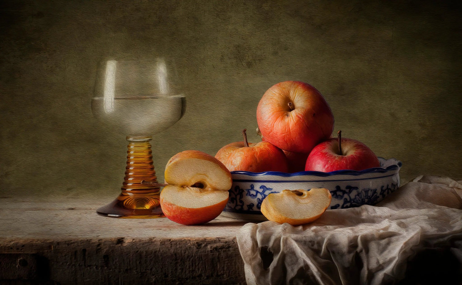 Still Life Oil Painting - Apples, Glass and Porcelain Bowl - Oil Painting Haven