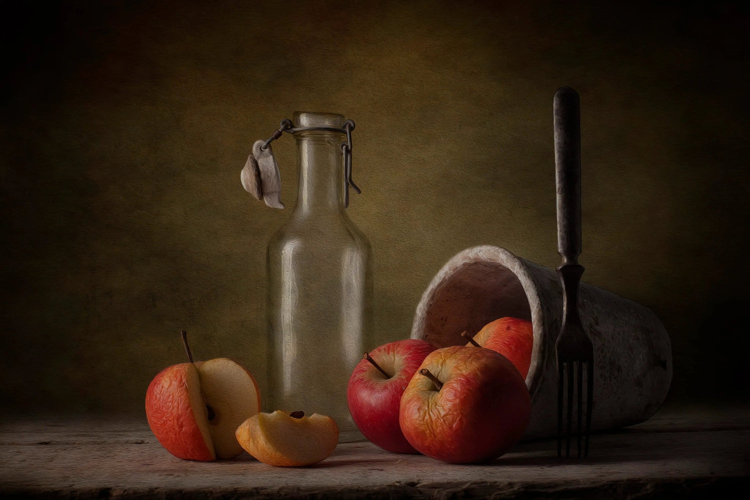 Still Life Oil Painting - Apples, Glass Bottle and Fork - Oil Painting Haven