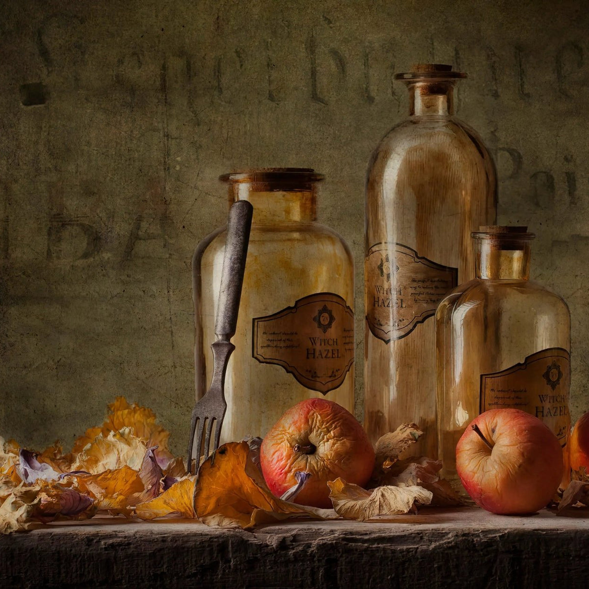 Still Life Oil Painting - Apples, Glass Bottles and Leaves - Oil Painting Haven