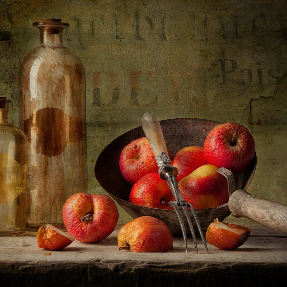 Still Life Oil Painting - Apples, Glass Bottles and Utensils - Oil Painting Haven