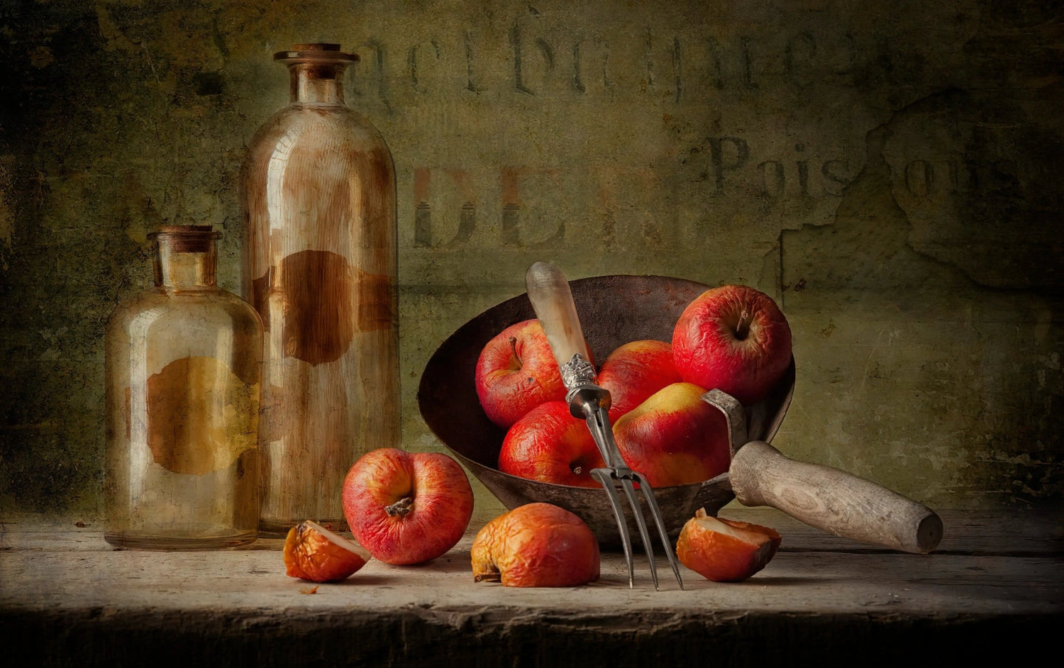 Still Life Oil Painting - Apples, Glass Bottles and Utensils - Oil Painting Haven