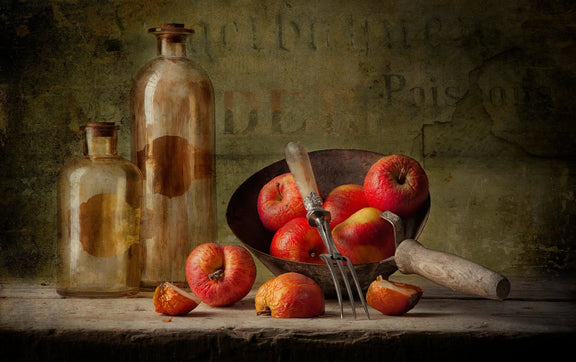 Still Life Oil Painting - Apples, Glass Bottles and Utensils - Oil Painting Haven