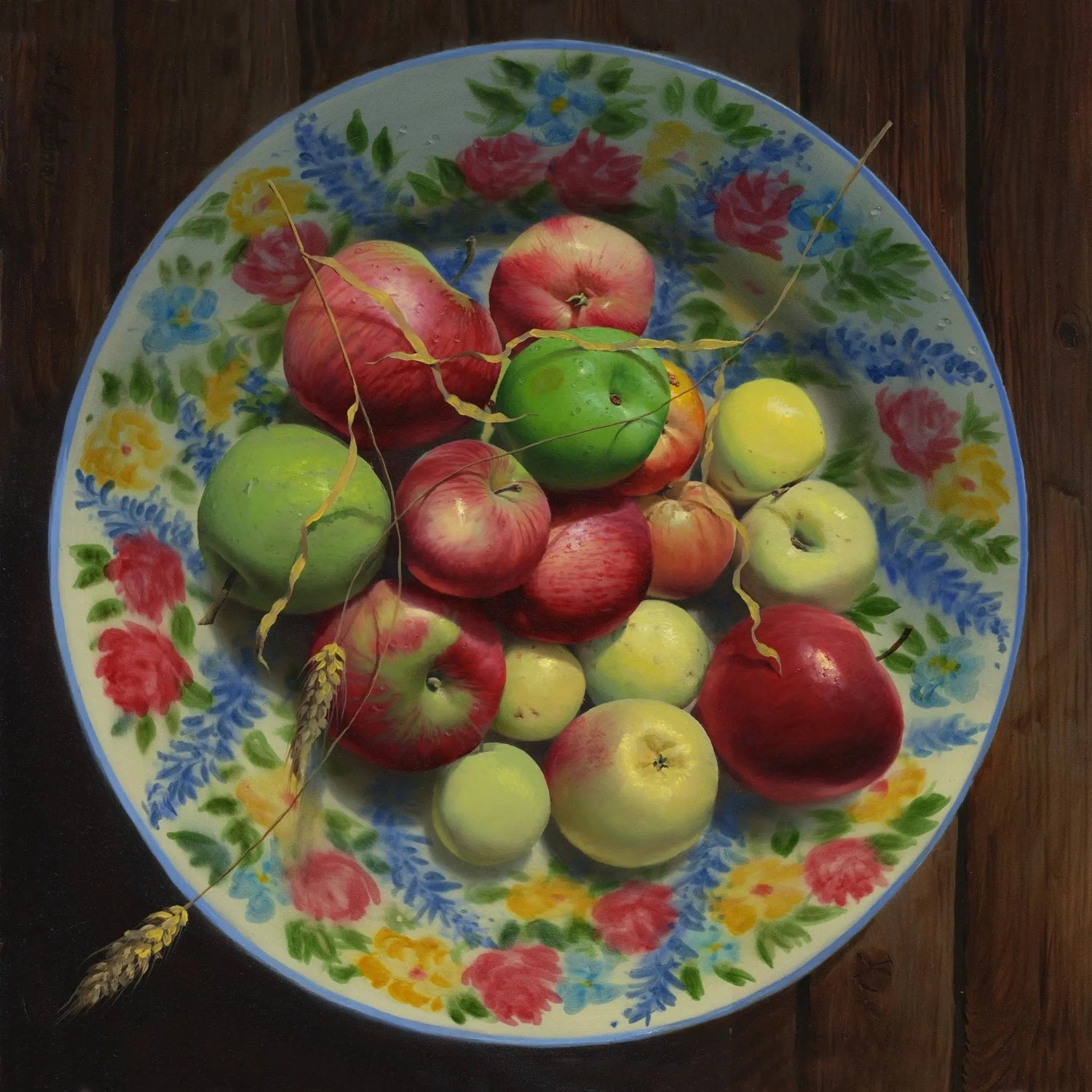 Still Life Oil Painting - Apples in Floral Bowl - Oil Painting Haven
