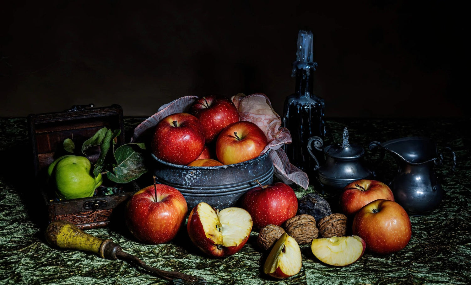 Still Life Oil Painting - Apples, Metalware and Nuts - Oil Painting Haven
