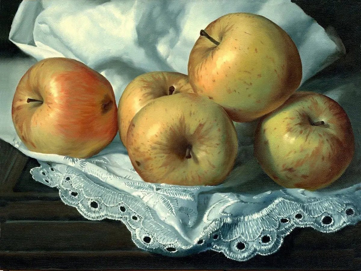 Still Life Oil Painting - Apples on Lace Cloth - Oil Painting Haven