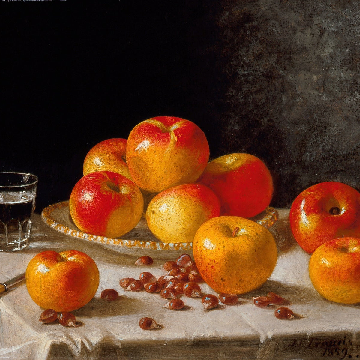 Still Life Oil Painting - Apples on Plate with Glass - Oil Painting Haven
