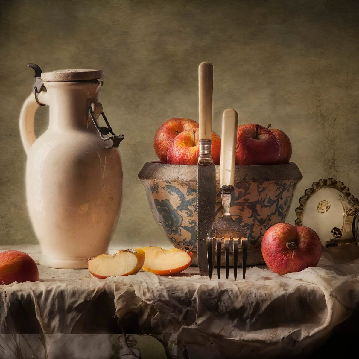 Still Life Oil Painting - Apples, Pottery and Utensils - Oil Painting Haven