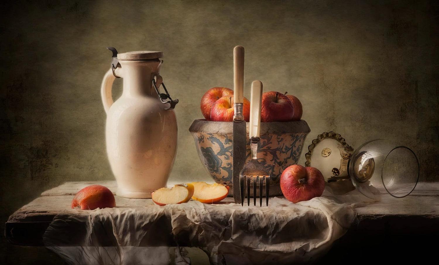 Still Life Oil Painting - Apples, Pottery and Utensils - Oil Painting Haven