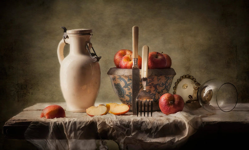 Still Life Oil Painting - Apples, Pottery and Utensils - Oil Painting Haven