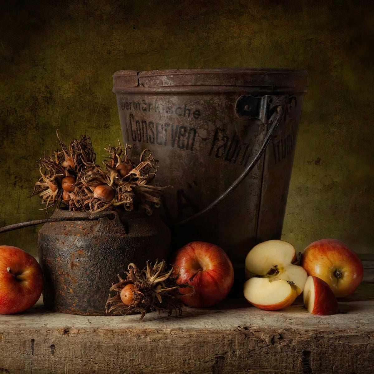 Still Life Oil Painting - Apples, Rustic Metalware and Hazelnuts - Oil Painting Haven