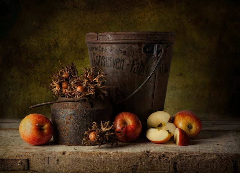 Still Life Oil Painting - Apples, Rustic Metalware and Hazelnuts - Oil Painting Haven