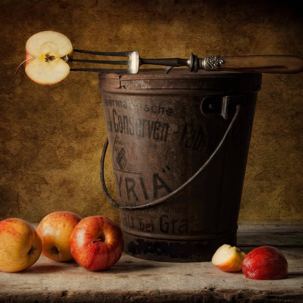 Still Life Oil Painting - Apples, Vintage Fork and Metal Bucket - Oil Painting Haven