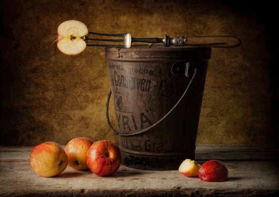 Still Life Oil Painting - Apples, Vintage Fork and Metal Bucket - Oil Painting Haven