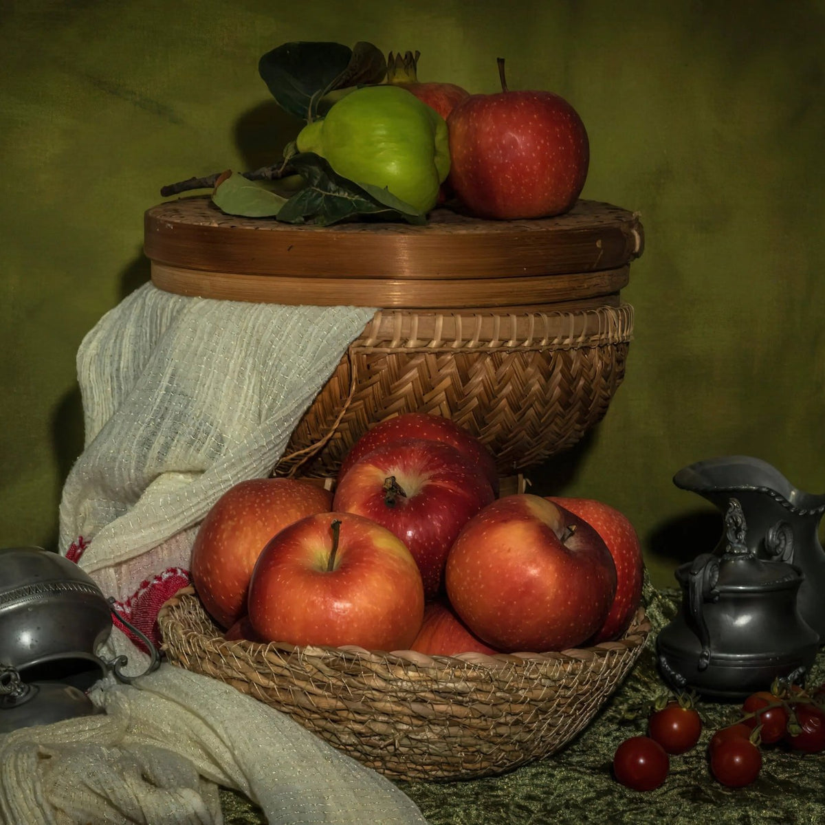 Still Life Oil Painting - Apples, Woven Baskets and Metalware - Oil Painting Haven
