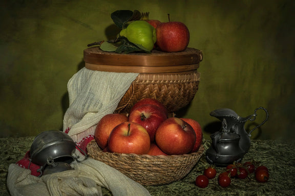 Still Life Oil Painting - Apples, Woven Baskets and Metalware - Oil Painting Haven
