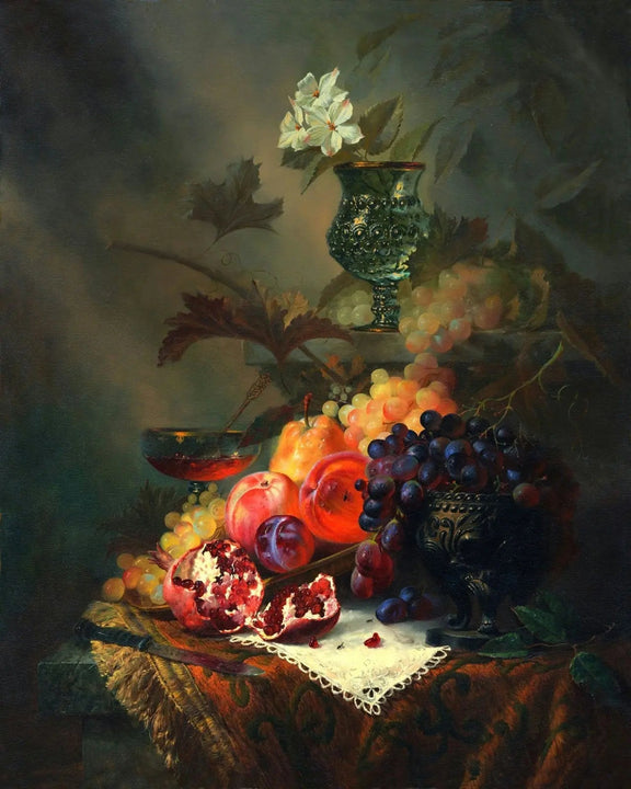 Still Life Oil Painting - Assorted Fruits, Goblet and Flowers - Oil Painting Haven