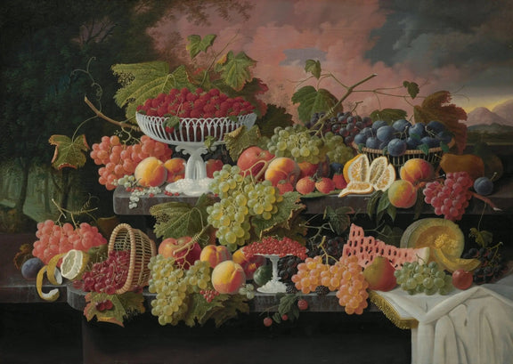 Still Life Oil Painting - Assorted Fruits in Landscape Setting - Oil Painting Haven