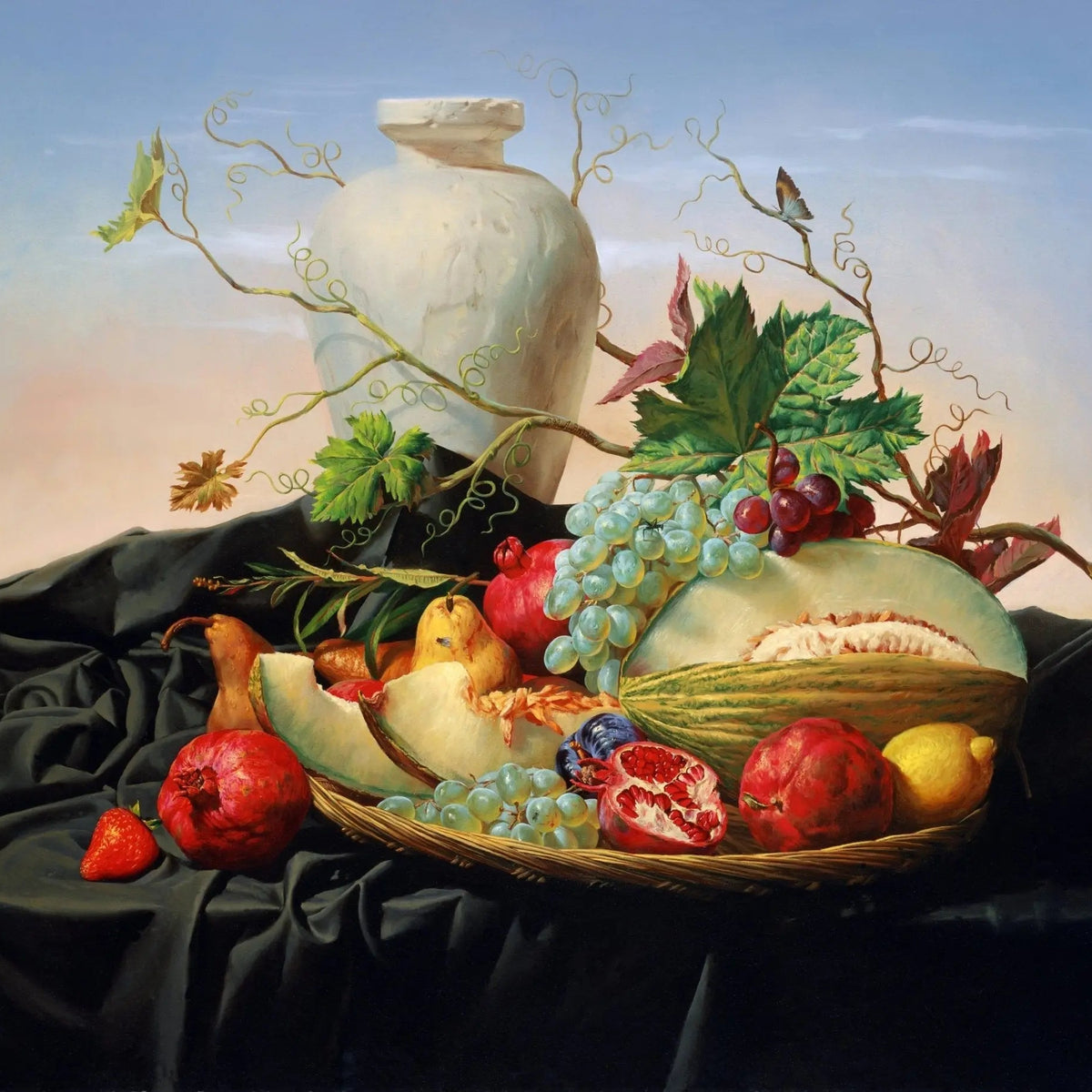 Still Life Oil Painting - Assorted Fruits, Vase and Vine - Oil Painting Haven