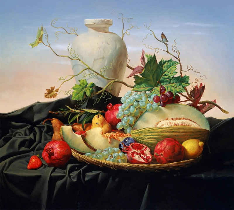 Still Life Oil Painting - Assorted Fruits, Vase and Vine - Oil Painting Haven