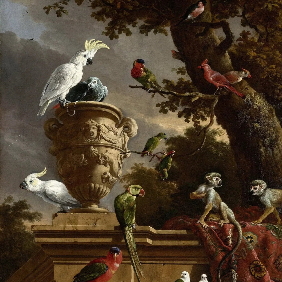 Still Life Oil Painting - Birds, Monkeys and Ornate Urn - Oil Painting Haven