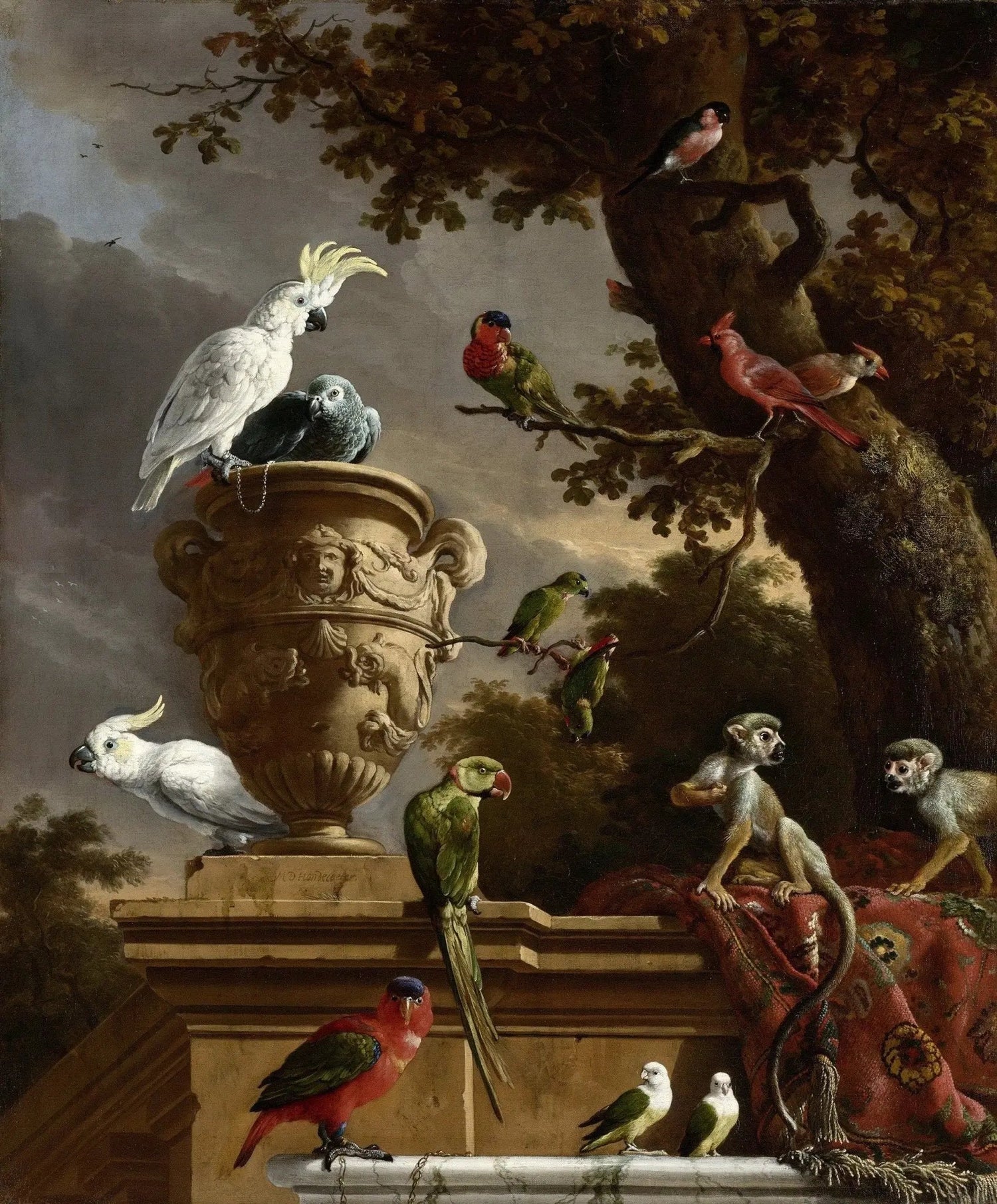 Still Life Oil Painting - Birds, Monkeys and Ornate Urn - Oil Painting Haven