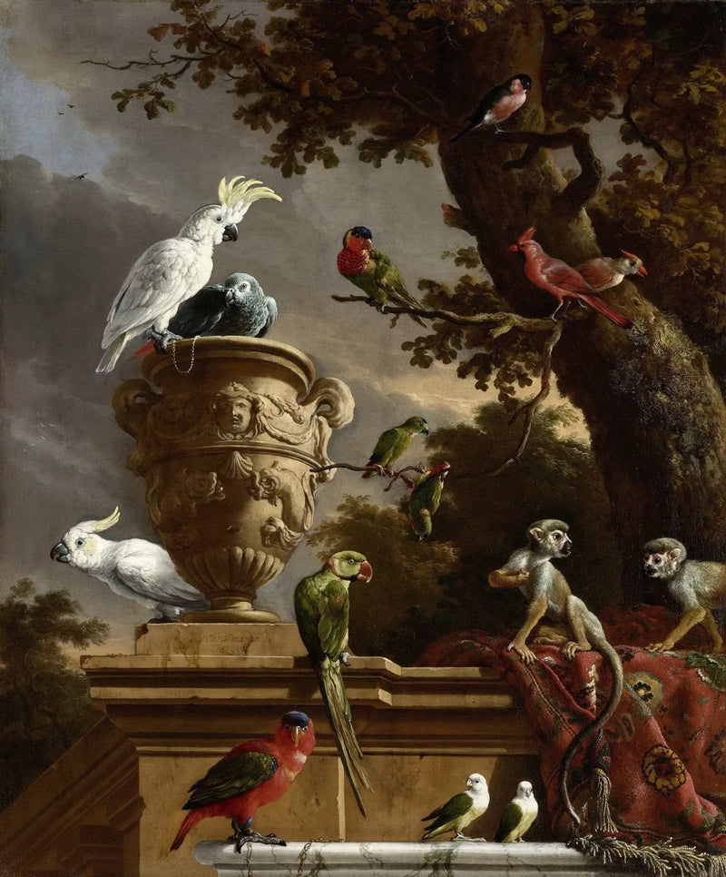 Still Life Oil Painting - Birds, Monkeys and Ornate Urn - Oil Painting Haven