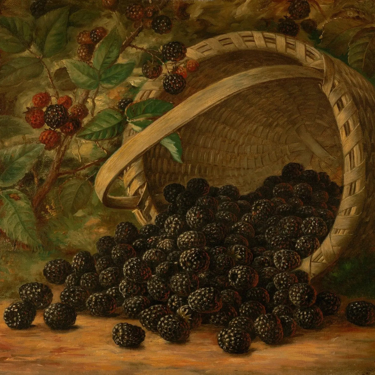 Still Life Oil Painting - Blackberries in Woven Basket - Oil Painting Haven