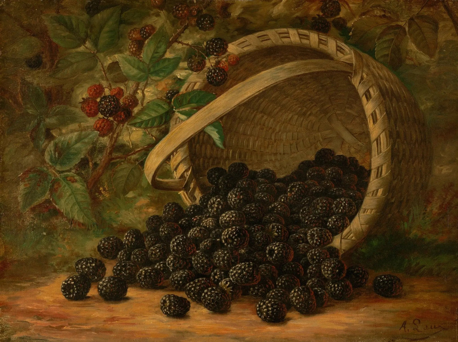 Still Life Oil Painting - Blackberries in Woven Basket - Oil Painting Haven