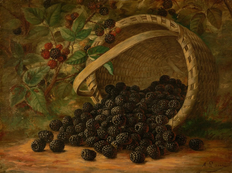 Still Life Oil Painting - Blackberries in Woven Basket - Oil Painting Haven