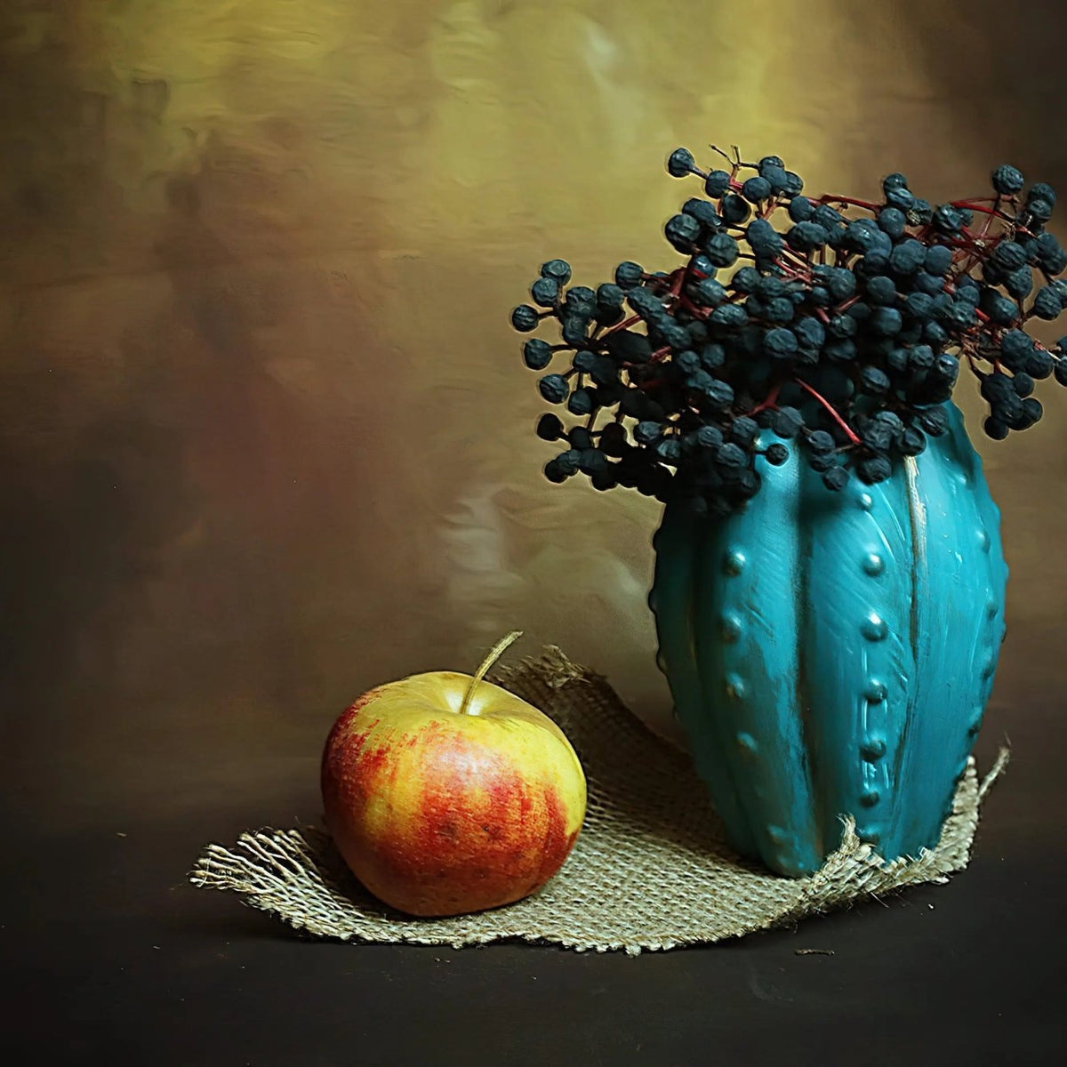 Still Life Oil Painting - Blue Vase, Berries and Apple - Oil Painting Haven