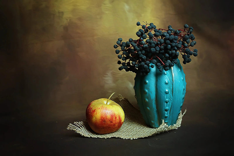 Still Life Oil Painting - Blue Vase, Berries and Apple - Oil Painting Haven