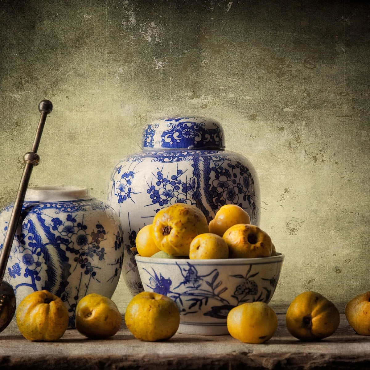 Still Life Oil Painting - Blue - White Porcelain and Fruits - Oil Painting Haven