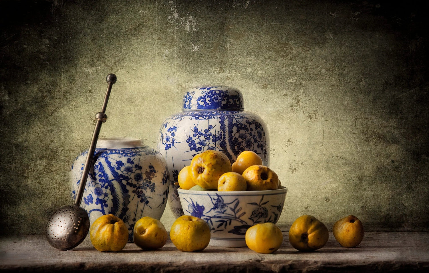 Still Life Oil Painting - Blue - White Porcelain and Fruits - Oil Painting Haven