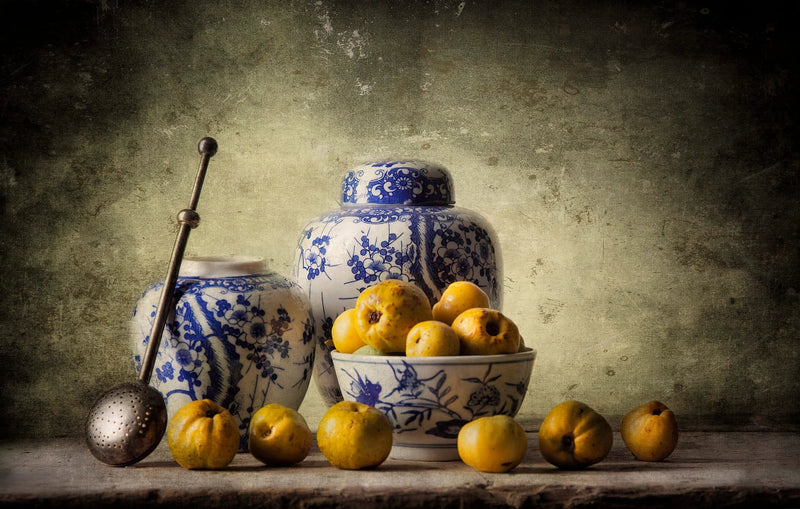 Still Life Oil Painting - Blue - White Porcelain and Fruits - Oil Painting Haven