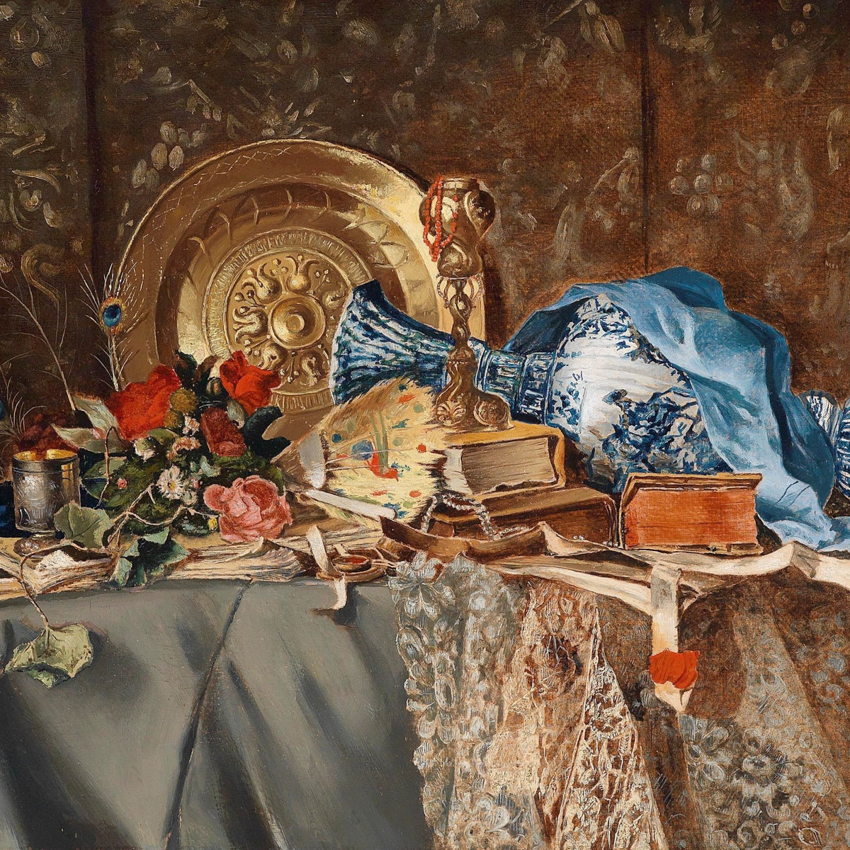 Still Life Oil Painting - Books, Flowers and Blue Vase - Oil Painting Haven