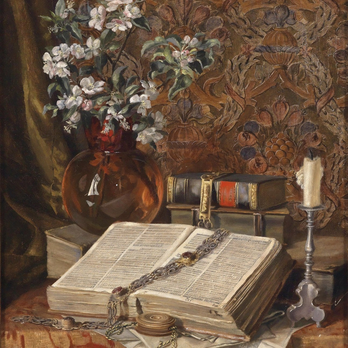 Still Life Oil Painting - Books, Flowers and Candle - Oil Painting Haven
