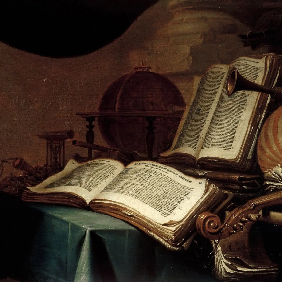 Still Life Oil Painting - Books, Globe and Musical Instruments - Oil Painting Haven