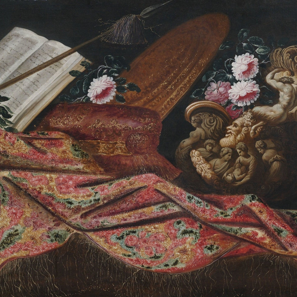 Still Life Oil Painting - Books, Helmet and Carved Vase - Oil Painting Haven