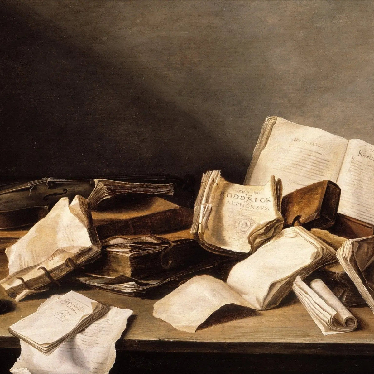 Still Life Oil Painting - Books, Papers and Violin - Oil Painting Haven