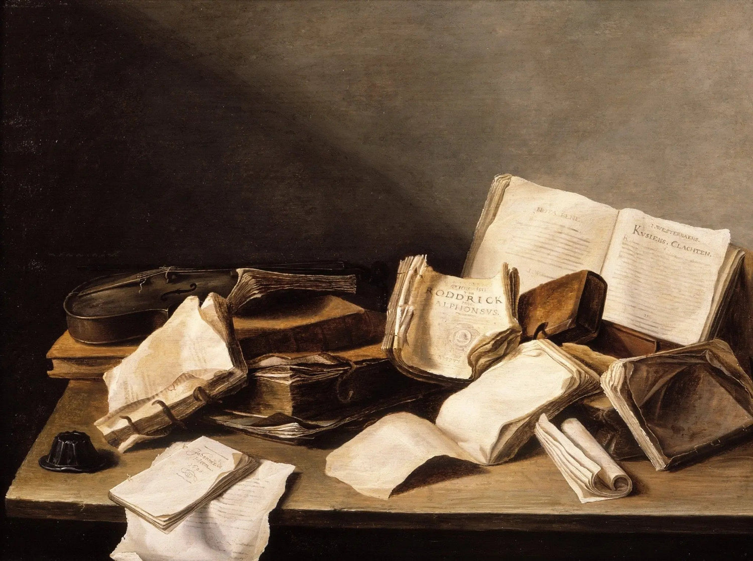 Still Life Oil Painting - Books, Papers and Violin - Oil Painting Haven