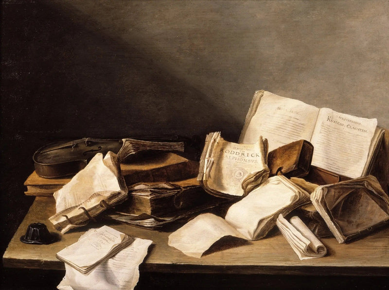 Still Life Oil Painting - Books, Papers and Violin - Oil Painting Haven