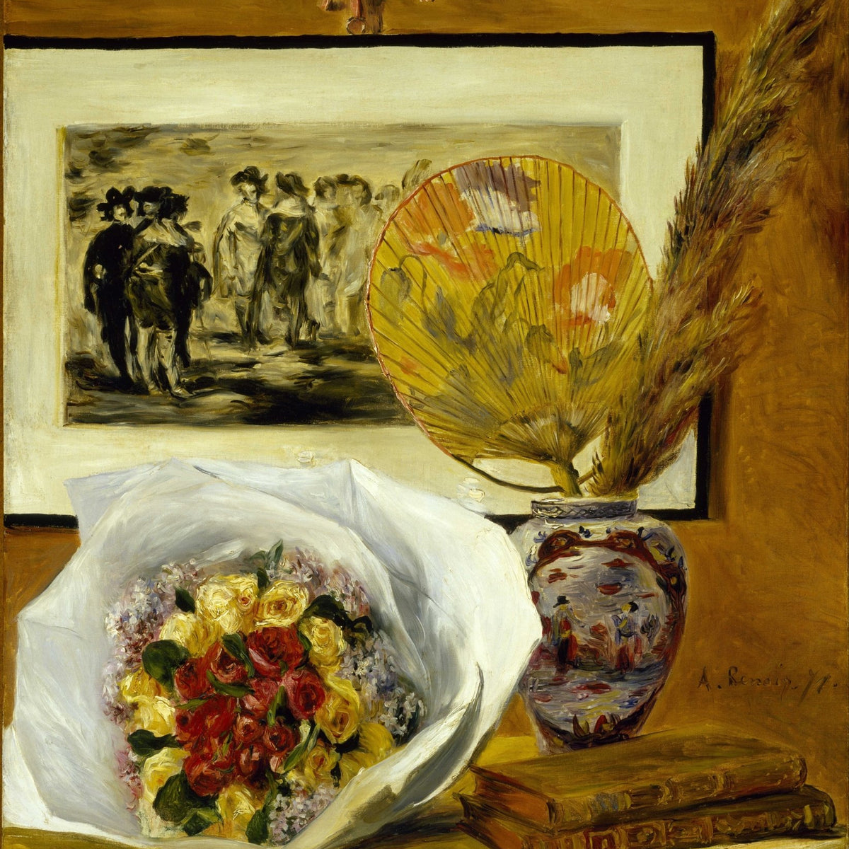 Still Life Oil Painting - Bouquet, Fan and Books - Oil Painting Haven